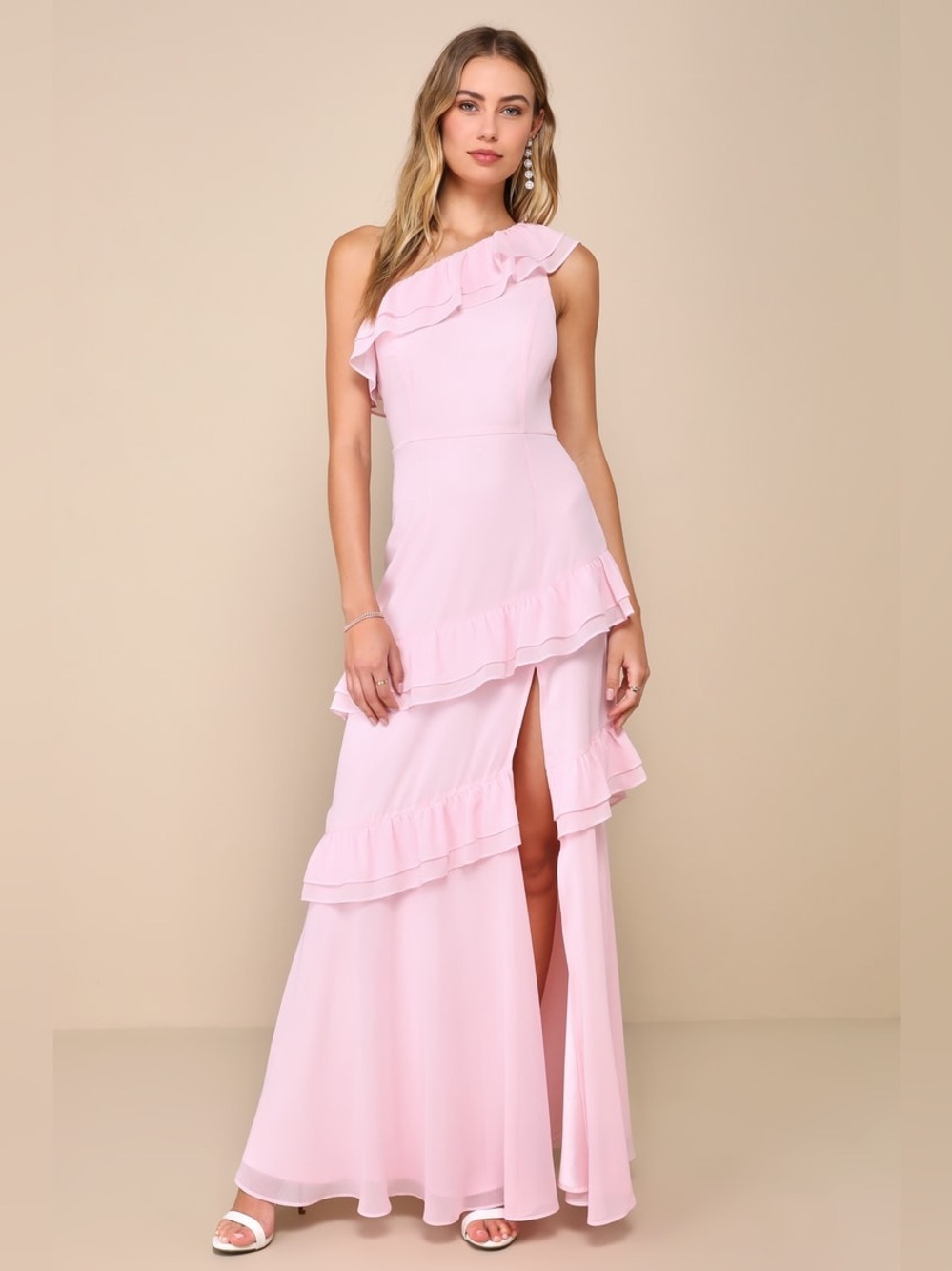 Lulus Pink One-Shoulder Ruffle Maxi Dress Size XS NWT